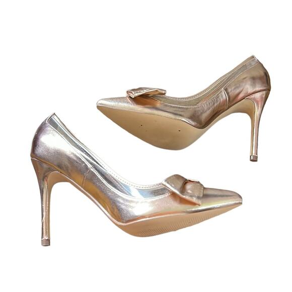 JustFab Rose Gold Clear Lines Pointed Toe Bow Heels - Picture 1 of 16
